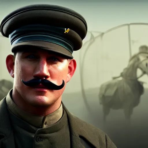 Prompt: fullbody photo of channing tatum with handlebar moustache, wearing ww 1 clothes in gray black beanie on head, villages at background, style ivan talavera and artgerm, radiant lighting, hyper realistic, photorealistic, octane render, trending on artstation, cgsociety, cinematic light, global illumination