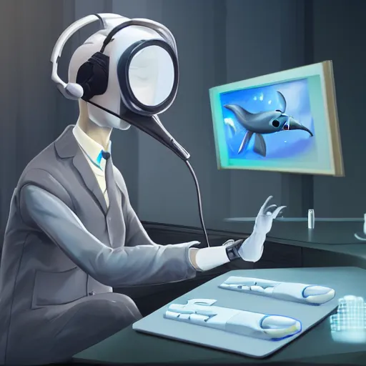 Image similar to An anthropomorphic grey dolphin in a white lab-coat playing games on a computer, digital painting, close-up, wearing a headset