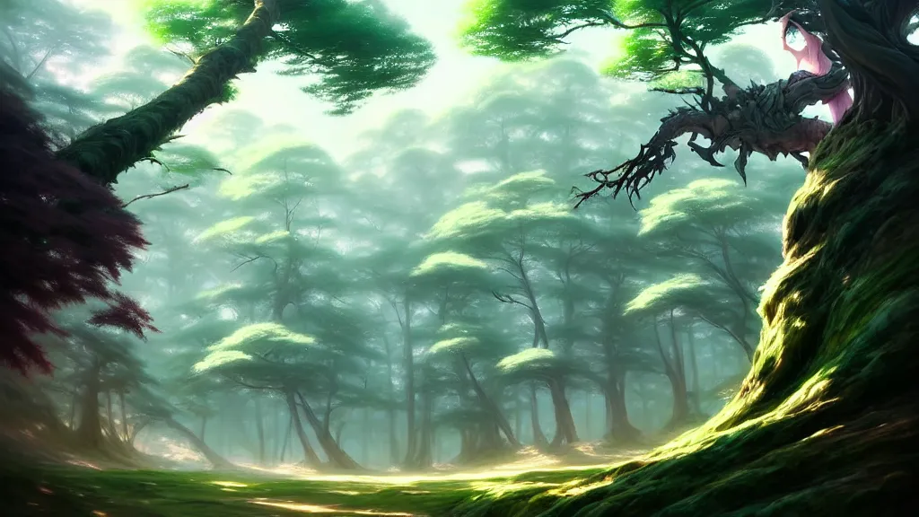 Image similar to forest landscape, pastel color tones, fantasy, elegant, highly detailed, digital painting, artstation, concept art, smooth, sharp focus, illustration, wide angle, artbook, splash art, promo art, soul calibur, league of legends, art by artgerm and greg rutkowski and bo chen and jin xiaodi