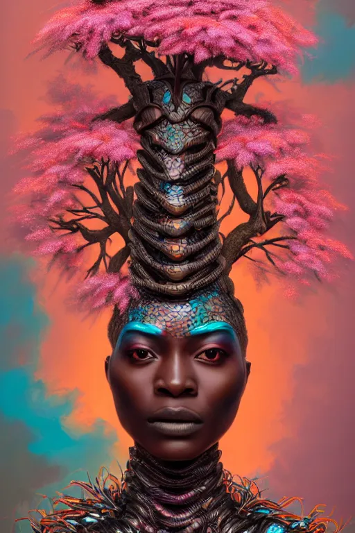 Image similar to hyperrealistic post - renaissance cinematic super expressive! yoruba goddess with exoskeleton armor, merging with tree in a forest, pink orange flowers, highly detailed digital art masterpiece, smooth cam de leon eric zener dramatic pearlescent soft teal light, ground angle hd 8 k, sharp focus