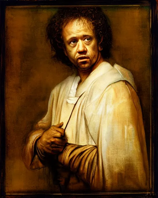 Prompt: Paulie Shore in the style of Rembrandt, soft lighting, vignette, expressive, sad