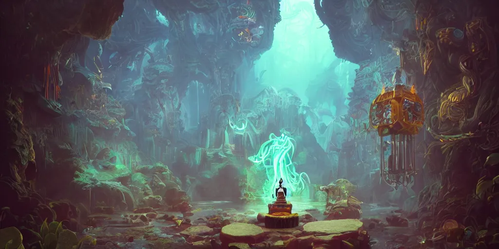 Image similar to 3 d scene of temple portal modelling goddess close - woodsman wearing a steampunk and neonpunk mechanical fluorescent mystical animal mask in strange misty mountain landscape. betta fish, jellyfish phoenix, bio luminescent, plasma, ice, water, wind, creature, artwork by tooth wu and wlop and beeple and greg rutkowski