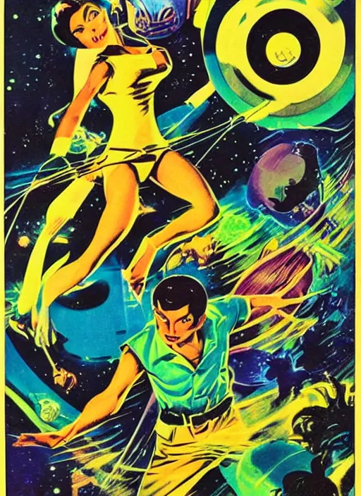 Image similar to Beautiful Super Monkey Ball lives inside a 'GameCube', retro science fiction cover by Jon Steranko and Kelly Freas (1965), vintage 1960 print, tarot card, vivid, highly detailed