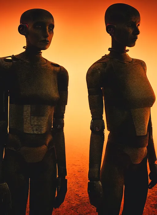 Prompt: cinestill 5 0 d photographic portrait by steve mccurry of two lesbian female androids wearing rugged black mesh techwear on a desolate plain with a red sky, extreme closeup, cyberpunk style, dust storm, 8 k, hd, high resolution, 3 5 mm, f / 3 2, ultra realistic faces, ex machina, blade runner