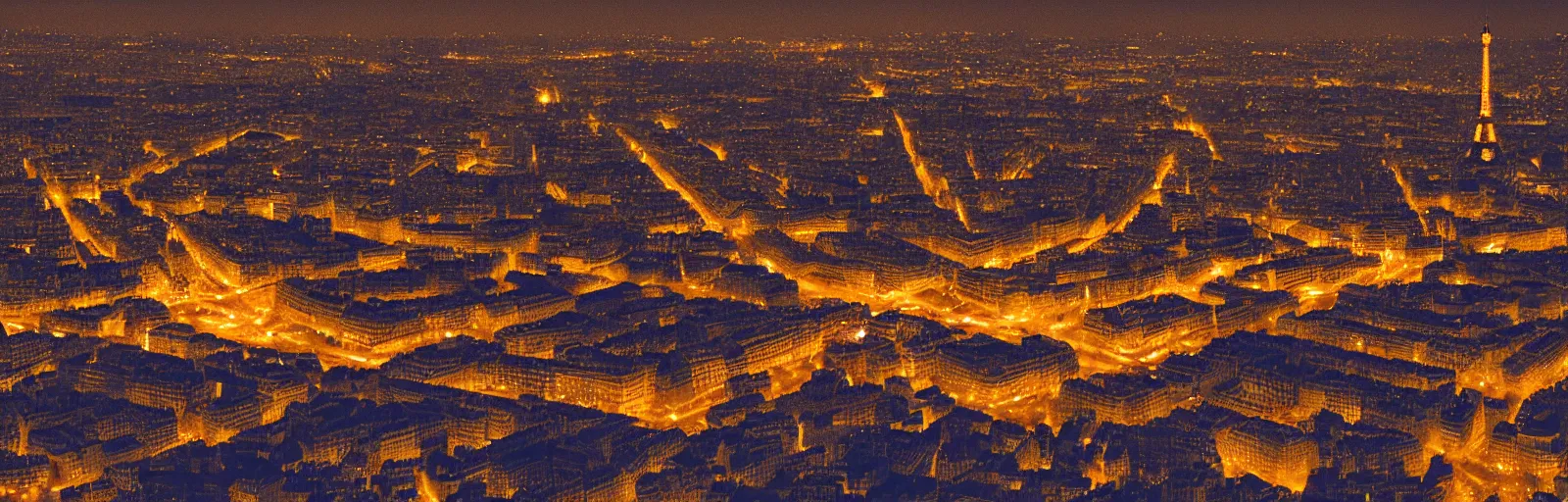 Image similar to night time overhead drone helicopter photo of paris france with bokeh, depth of field, glowing lights, romantic beautiful, black, red, yellow, orange colors, telephoto lens, romantic, soft, beautiful, award winning architecture, extremely beautiful lighting, cinematic composition, modern, render, architectural, architecture, realistic, clear