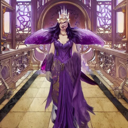 Prompt: an extremely detailed matte painting of a demon queen in a resplendant and beautiful purple dress as a masquerade ball, epic fantasy, viewed in profile from far away, sharp focus, detailed face, art by greg rutkowski and alphonse mucha, volumetric lighting, 4 k resolution, artstation