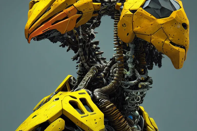 Image similar to portrait of a posed hyper detailed yellow scrounger evangelion realistic mechanical and fleshy organic creature similar look as horizon forbidden west horizon zero dawn bioluminiscence in a dark deep forest at dawn in spring, with reflection and textures, by kilian eng, substance painter reaslitic mech surface metal painted scratches