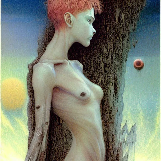 Image similar to cute young vampire tomboy girl with short short short dark hairs on lovecraftian planet by jean delville by luis royo and wayne barlowe, beksinski