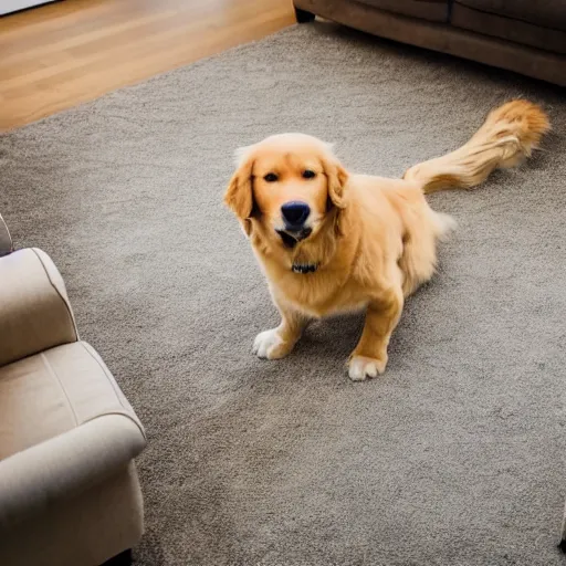 Prompt: golden retriever mopping the floor in the living room