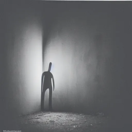 Image similar to Photograph of an abandoned 1940s liminal space, shadow man standing in corner, dark, no lights, moist, taken using a film camera with 35mm expired film, bright camera flash enabled, award winning photograph, creepy, liminal space