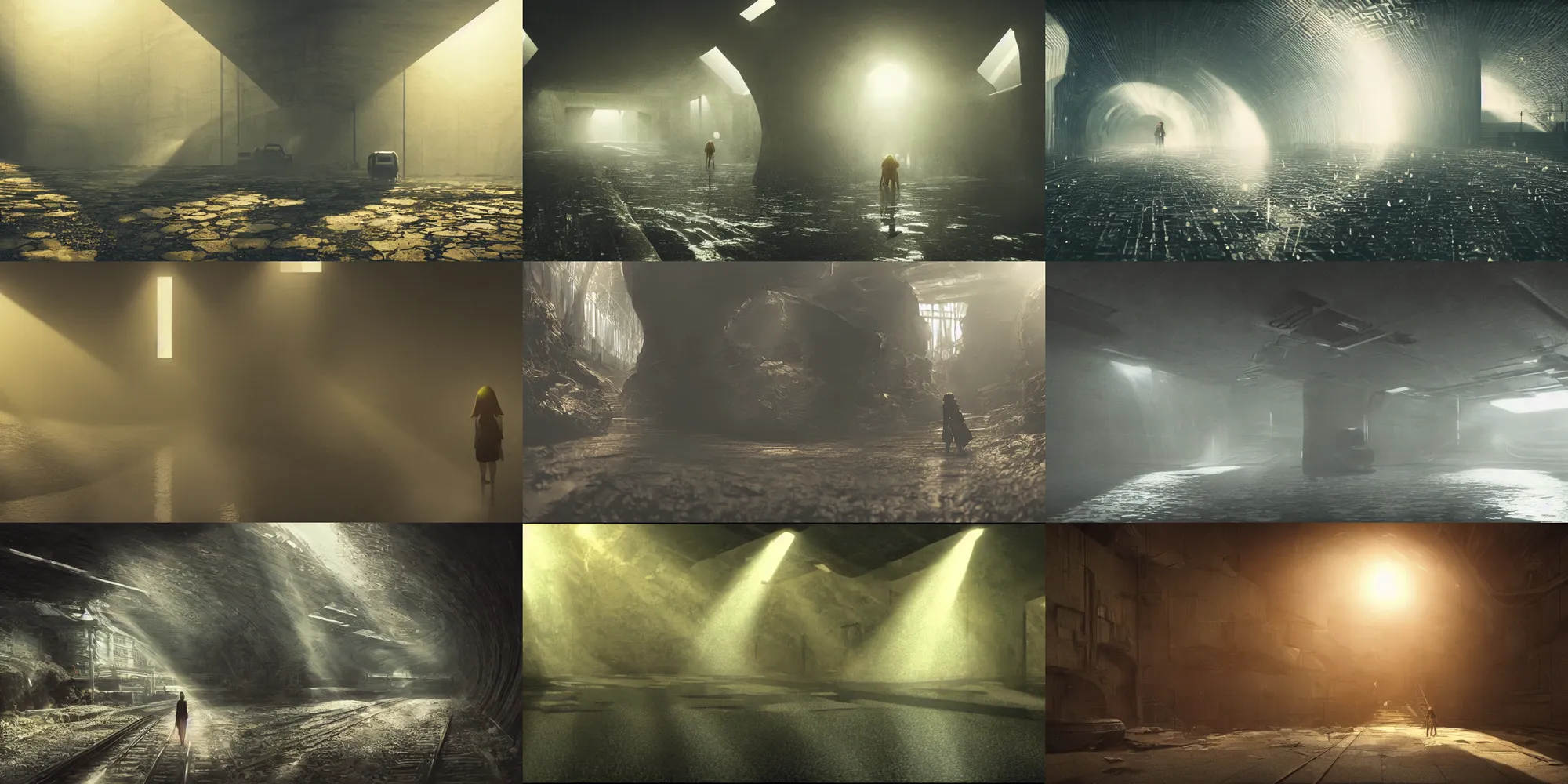 Prompt: anime movie scene, mamoru oshii, otomo, ultra wide, vanishing point, hoody explorer, dark train tunnel entrance, waterfall, sun beam, dusty volumetric light, back lit, paper texture, puddles, brutalist, golden ratio