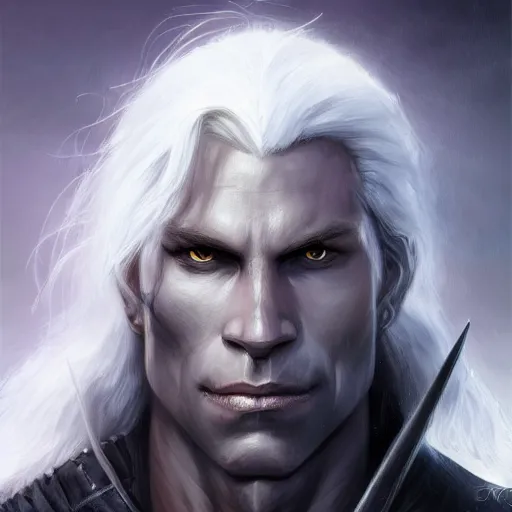 Image similar to realistic portrait of drizzt du orden by r. a. salvatore, dark elf with purple eyes and white hair, trending on artstation, low angle oil painting and composition laws, cinematic lighting, hyperdetailed, cgsociety, 8 k