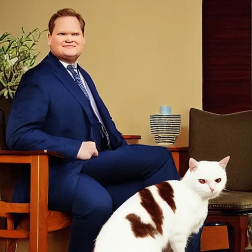 Image similar to Andy Richter wearing a blue dress shirt, necktie, navy dress pants sitting in a chair petting a calico cat