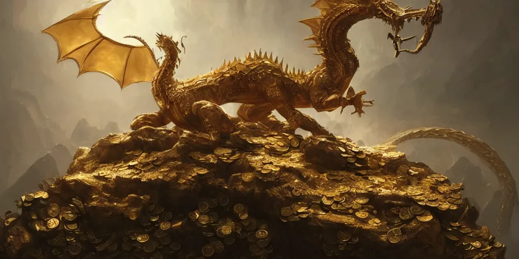 Image similar to concept art of a white scaled dragon laying on a mountain of golden coins and precious jewels inside a dark castle, medieval, dark concept art, jewels, gold, painting by wlop, nixeu and greg rutkowski, beautiful, semirealism, artstation, octane render, sharpness, 8 k, golden ratio