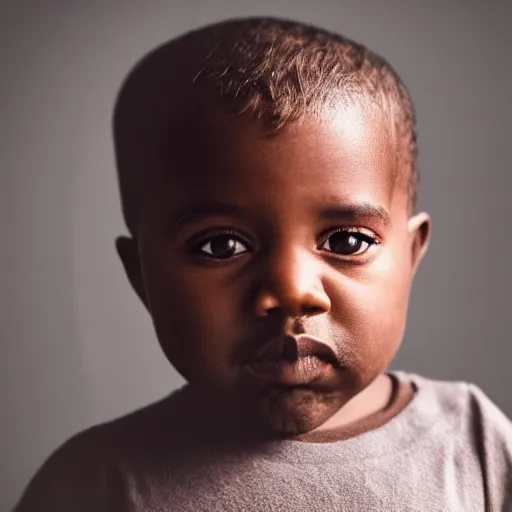 Image similar to the face of kanye west at 2 years old, portrait by julia cameron, chiaroscuro lighting, shallow depth of field, 8 0 mm, f 1. 8