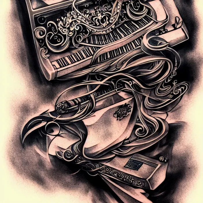 Prompt: abstract tattoo art of a keyboard, concept art, baroque, fine detail, sheet paper