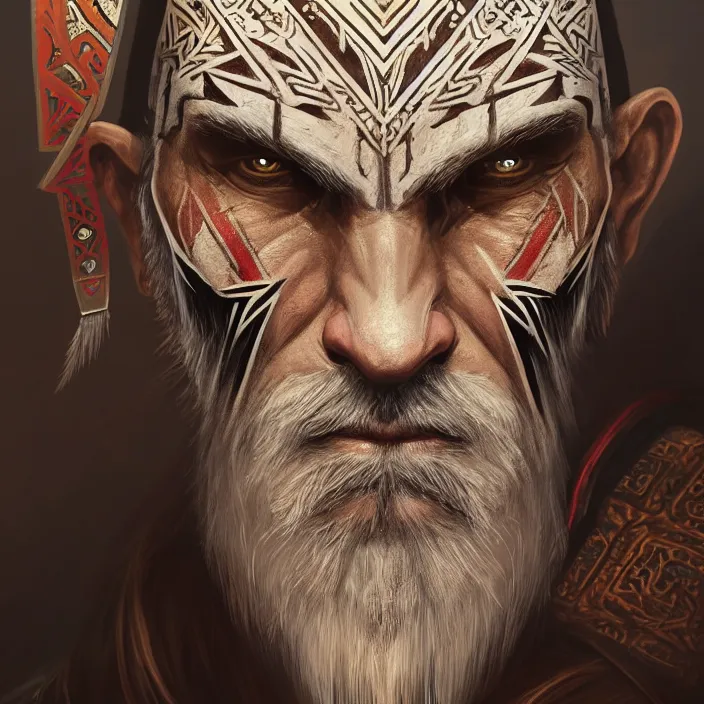 Prompt: symmetry! portrait of a old male caucasian warrior, face decorated with chinese patterns, assassin's creed, horizon zero dawn machine, intricate, elegant, highly detailed, digital painting, artstation, concept art, smooth, sharp focus, illustration, volumetric lightning, ue 5, art by artgerm and greg rutkowski and alphonse mucha, 8 k