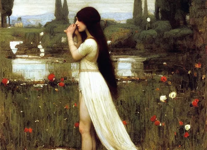 Image similar to a masterpiece painting by john william waterhouse