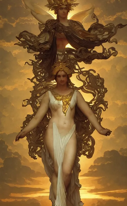 Prompt: solarpunk four armed statue of the goddess of the sun helios descending from olympus, four arms, artstation, concept art, smooth, sharp focus, illustration, art by artgerm and greg rutkowski and alphonse mucha and william adolphe bouguereau and john william waterhouse and gianlorenzo bernini