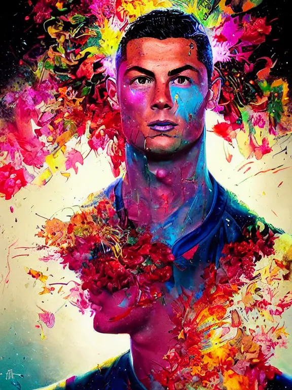 Prompt: art portrait of christiano ronaldo with flower exploding out of head,by tristan eaton,Stanley Artgermm,Tom Bagshaw,Greg Rutkowski,Carne Griffiths,trending on DeviantArt,face enhance,chillwave,minimalist,cybernetic, android, blade runner,full of color,