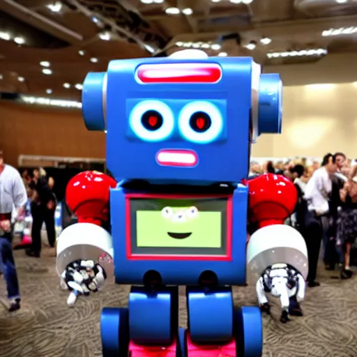Image similar to <robot musthug wants=hug expression='give hug' location='las vegas convention center'>cute little robot</robot>