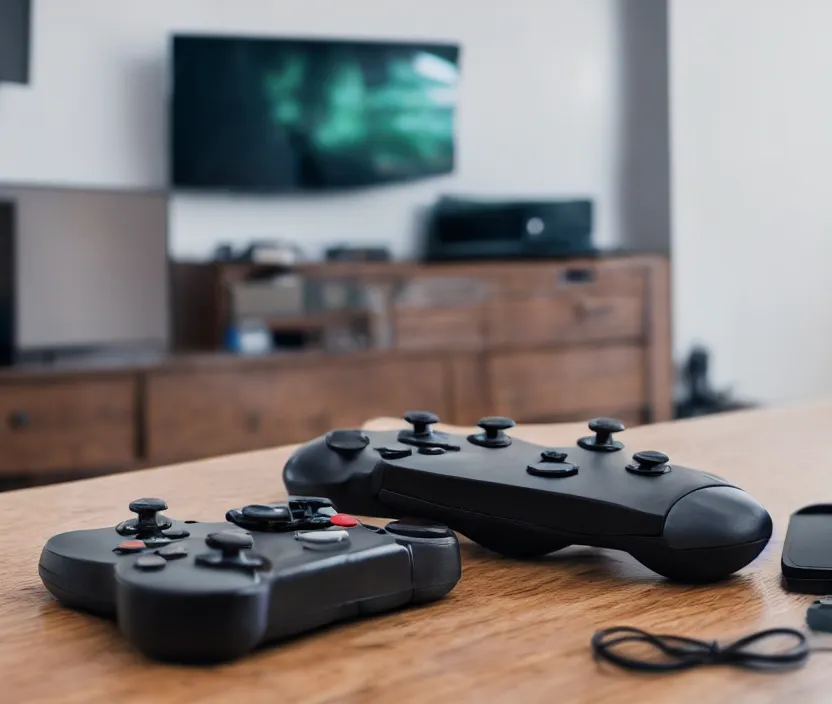 Image similar to game controller sitting on a table with a TV in the background, modern room, depth of field, high detail, complex