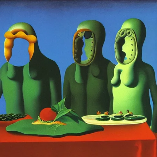 Prompt: slugs at a birthday party by rene magritte and roger dean