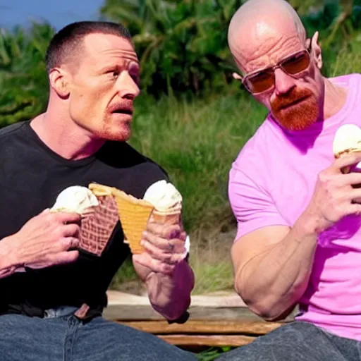 Image similar to walter white and john cena eating ice cream on the beach wearing pink shirts