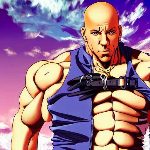 Prompt: Digital painting of Vin Diesel walking like a Italian model in JoJo\'s Bizzare Adventure anime style, official media from JoJo\'s Bizzare Adventure, highly detailed, sharp focus, 1990 manga panel, anime, ArtStation, art by Hirohiko Araki