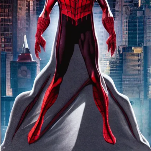 Image similar to vampire spiderman bares fangs, eyes glow red, marvel studios, promotional