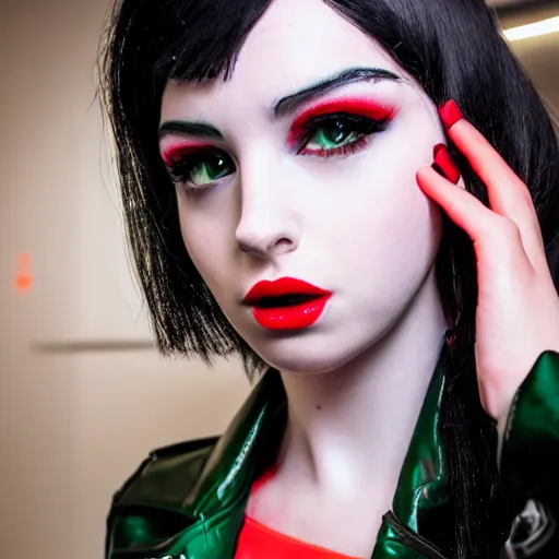 Image similar to Android girl, very pale skin, red lipstick, green eyes, jet black hair, cherry-red jacket, black leather pants, boots, hair over one eye, futuristic capsule hotel