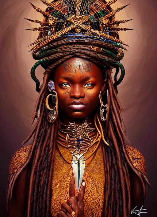 Prompt: : african shamen fantasy, fantasy magic, , intricate, sharp focus, illustration, highly detailed, digital painting, concept art, matte, Artgerm and Paul lewin and kehinde wiley, masterpiece