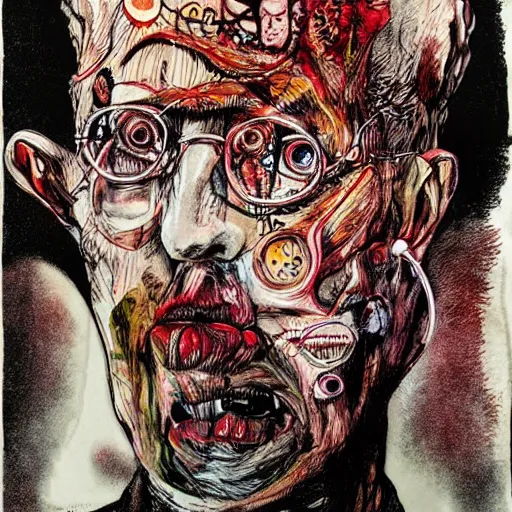 Image similar to Graphic Illustration, Creative Design, Human heart, Biopunk, Body horror, by Ralph Steadman, Francis Bacon, Hunter S Thompson