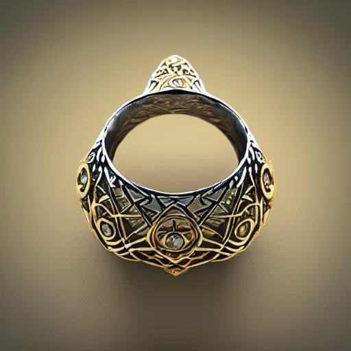 Image similar to intricate!! nordic ring and necklace and ear, silver and gold and diamond, isolated on a dreamy background. flowers in the background, refraction, occlusion, filigree, lower and upper levels, keyshot render, octane render, vray render