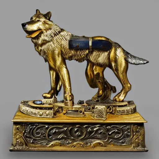 Prompt: 19th century mechanical automata depicting a wolf in a workshop, gold and silver