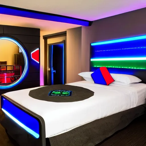 Image similar to photo of an rgb gaming hotel