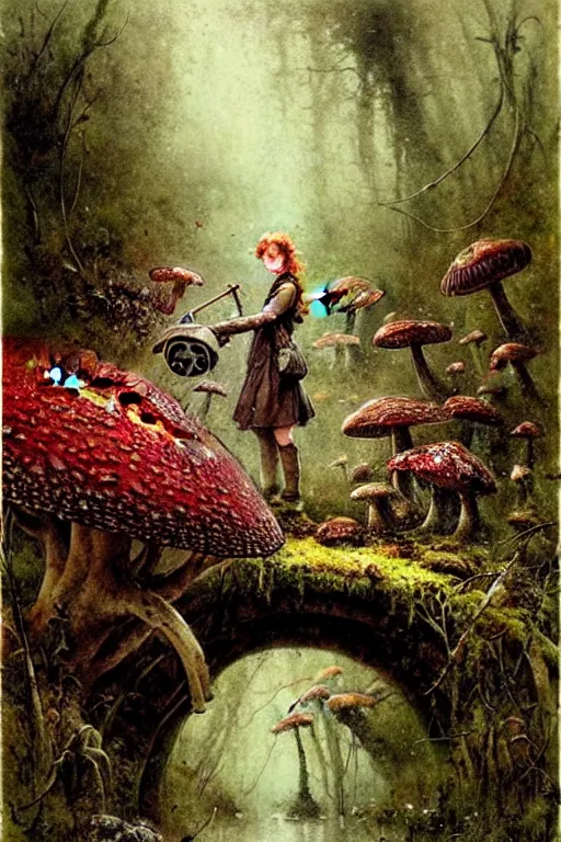 Prompt: adventurer ( ( ( ( ( 1 9 5 0 s retro future spooky swamp of giant mushrooms, moss and flowers, stream with bridge. muted colors. ) ) ) ) ) by jean baptiste monge!!!!!!!!!!!!!!!!!!!!!!!!! chrome red