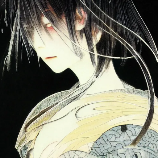 Prompt: yoshitaka amano blurred and dreamy realistic illustration of a japanese woman with black eyes, wavy white hair fluttering in the wind wearing elden ring armor with engraving, abstract patterns in the background, satoshi kon anime, noisy film grain effect, highly detailed, renaissance oil painting, weird portrait angle, blurred lost edges, three quarter view