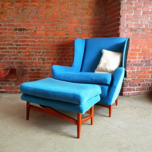 Image similar to a soft comfortable long chair, birch wood, tall, mid century modern, with an antique blue cotton ottoman