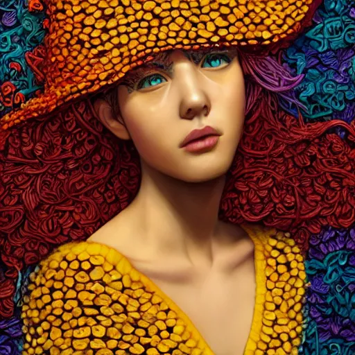 Image similar to the portrait of a beautiful young woman partially made up of peppers of all colors, an ultrafine detailed illustration by james jean, intricate linework, bright colors, final fantasy, behance contest winner, vanitas, angular, altermodern, unreal engine 5 highly rendered, global illumination, radiant light, detailed and intricate environment