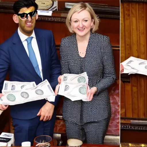 Image similar to Liz truss and Rishi sunak at parliament burning a pile of money. Daily Telegraph.