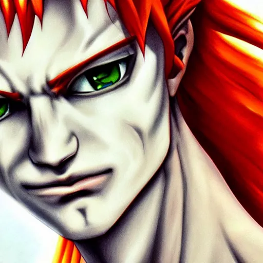 Prompt: beautiful portrait of hisoka morow, red hair, white shirt with yellow hem, realistic anime, hyper realistic