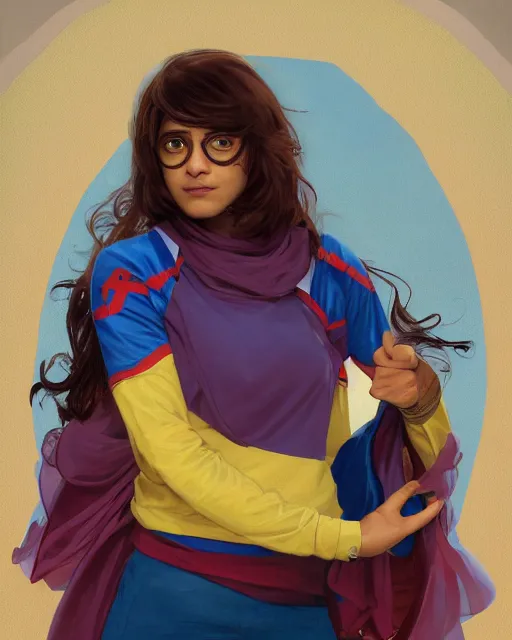 Prompt: A Full View of Kamala Khan played by Iman Vellani, filled with wonder. MCU. John Hughes film. masterpiece 4k digital illustration by Ruan Jia and Mandy Jurgens and Artgerm and greg rutkowski and Alexander Tsaruk and WLOP and william-adolphe bouguereau, award winning, Artstation, art nouveau aesthetic, Alphonse Mucha background, intricate details, realistic, panoramic view, Hyperdetailed, 8k resolution, intricate art nouveau