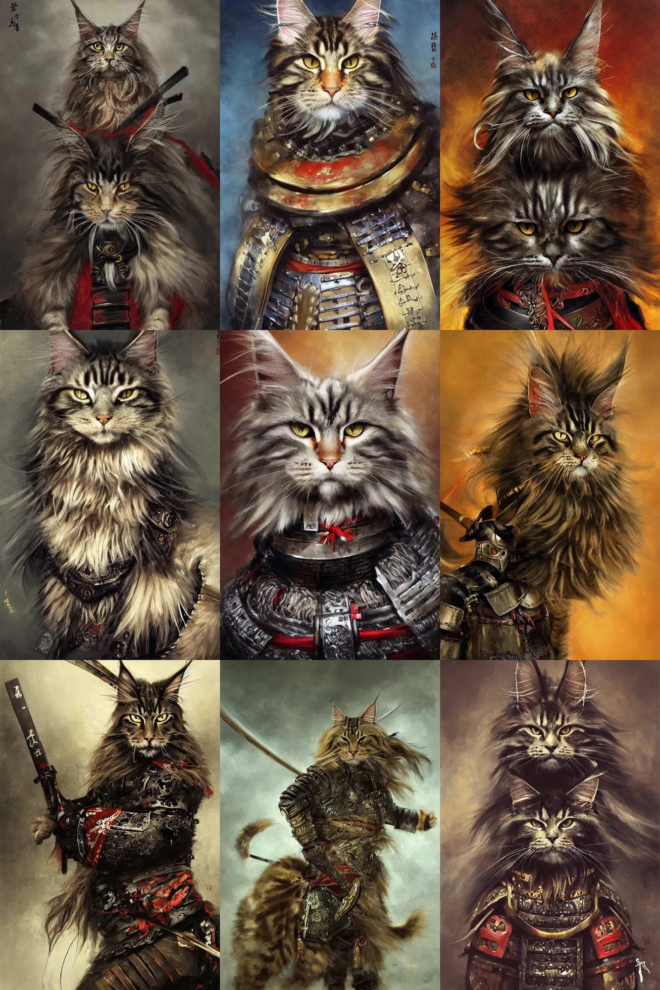 Prompt: Serious looking MaineCoon cat, dressed in Samurai armour, clothed in old samurai uniform,japanese warrior, painting by Raymond Swanland