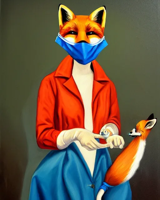 Prompt: oil painting portrait of anthropomorphic female fox animal dressed in labcoat, surgical mask covering mouth, holding syringe, fox animal, hospital in background, oil painting,