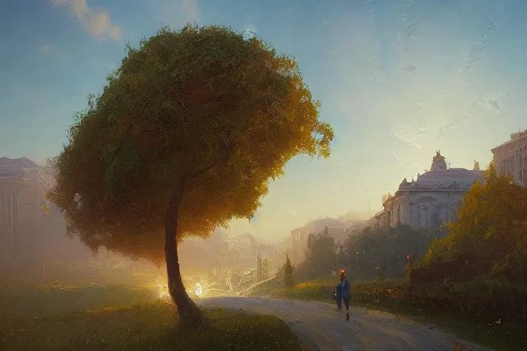 Image similar to a beautiful oil painting of bucharest with impressionist in a serene landscape above with a horizon line in the upper third by john howe and albert bierstadt and alena aenami and dan mumford and dave noton, unreal engine, trending on behance