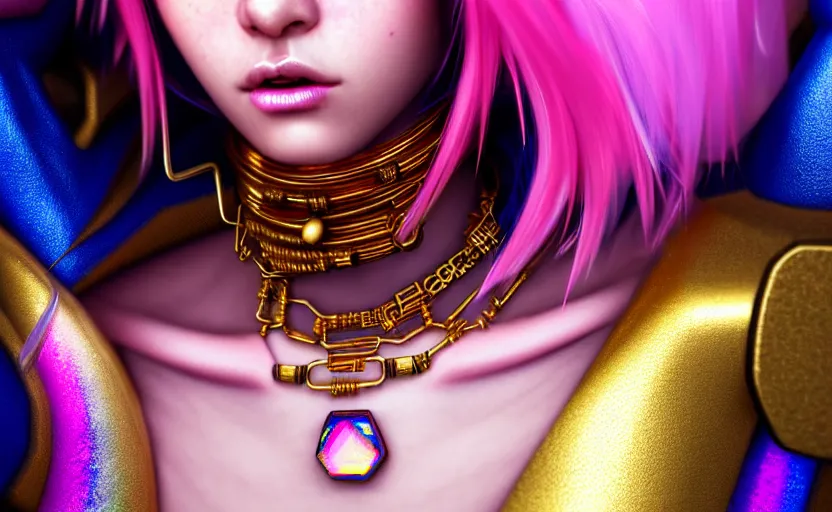 Image similar to hyperdetailed portrait of a stunningly beautiful cyberpunk cutie european girl with short dark hair guard made of iridescent metals and shiny pink gems, bright rainbow nimbus, gold necklace, gold background inspired by ross tran and masamune shirow and kuvshinov, intricate, photorealistic, octane render, rtx, hdr, unreal engine, dnd digital art by artgerm