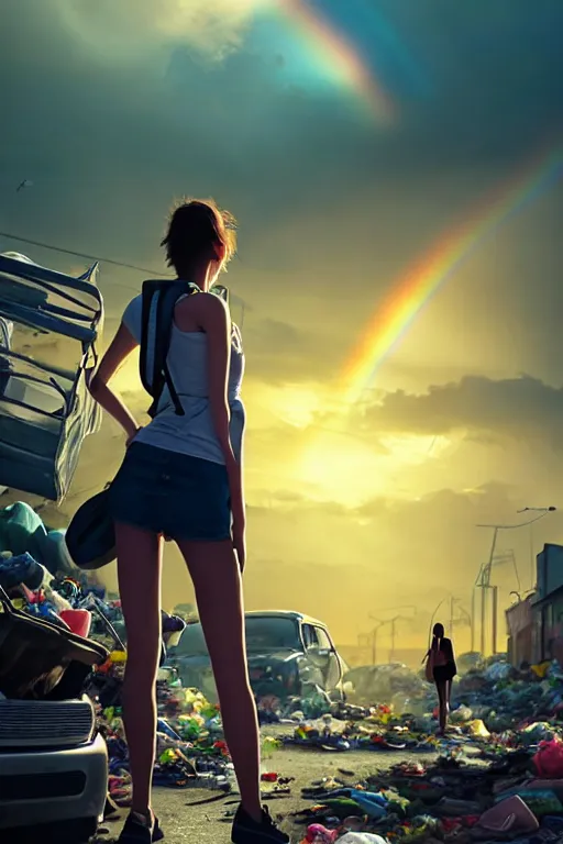 Prompt: young woman in mini short with backpack looking at food at garbage dump, destroyed cars, city is pure wasteland, moody sunset background, rays of sunlights, ( ( ( rainbow ) ) ), high details, sharp, photorealism, cinematic, greg rutkowski, artgerm, unreal engine, highly detailed