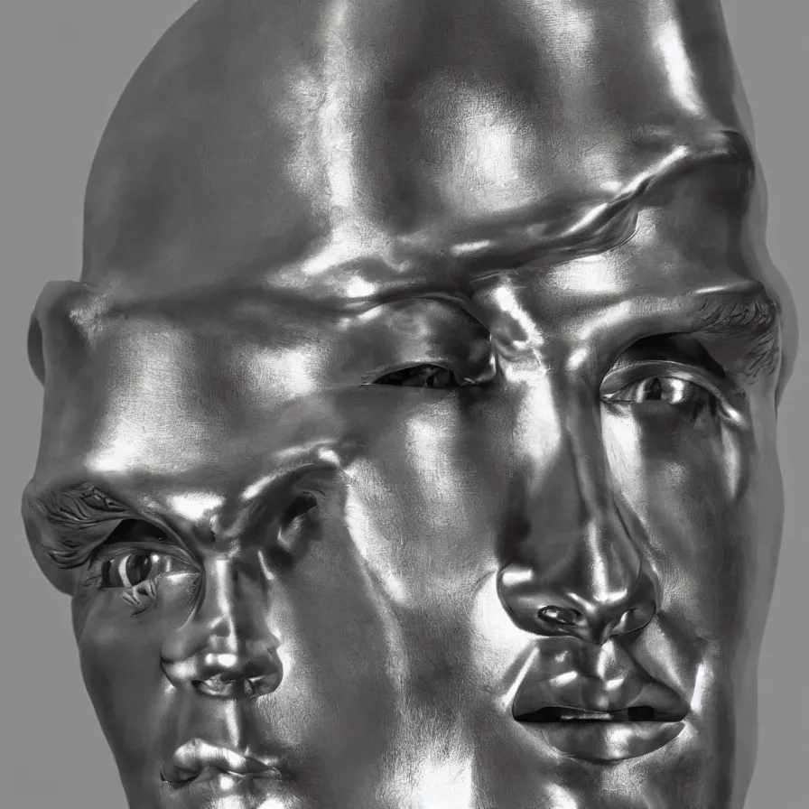 Image similar to studio photograph of hyperrealistic accurate portrait sculpture of tom cruise, beautiful symmetrical!! face accurate face detailed face realistic proportions, made of polished steel plate armor on a pedestal by ron mueck and frank frazzetta, hyperrealism cinematic lighting shocking detail 8 k