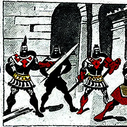 Image similar to a comicbook scene of Aztec warriors conquering Madrid in 1492 at King Ferdinand\'s Palace comicbook illustration by Jack Kirby